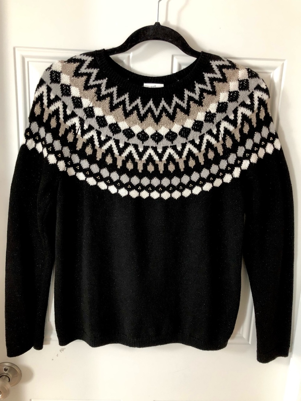 J. Jill Classic Fair Isle Nordic Black Crewneck Sweater Retails $109